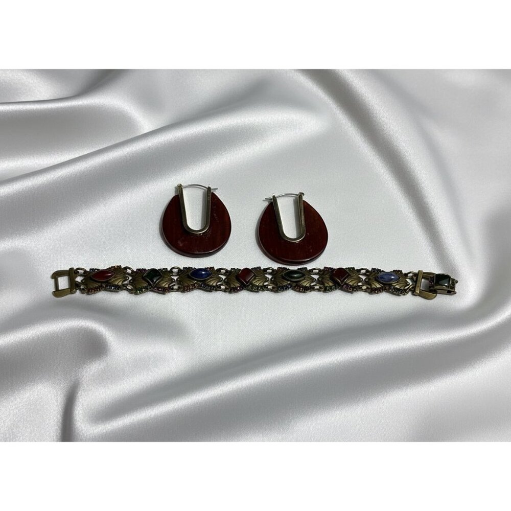 Sorrelli Multicolor‎ stone Vintage-Inspired Bracelet Resin/Gold-Tone Earrings